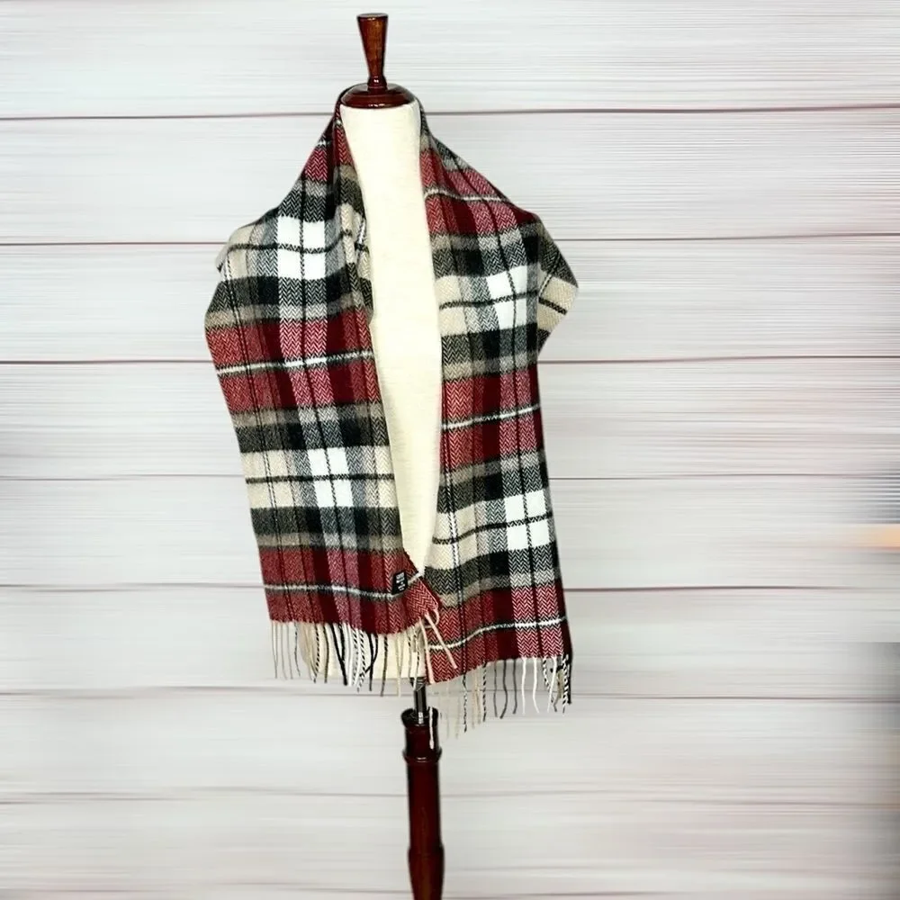 Geoffrey Beene Plaid Wool Scarf Red Gray Beige Made in Italy Vintage Unisex
